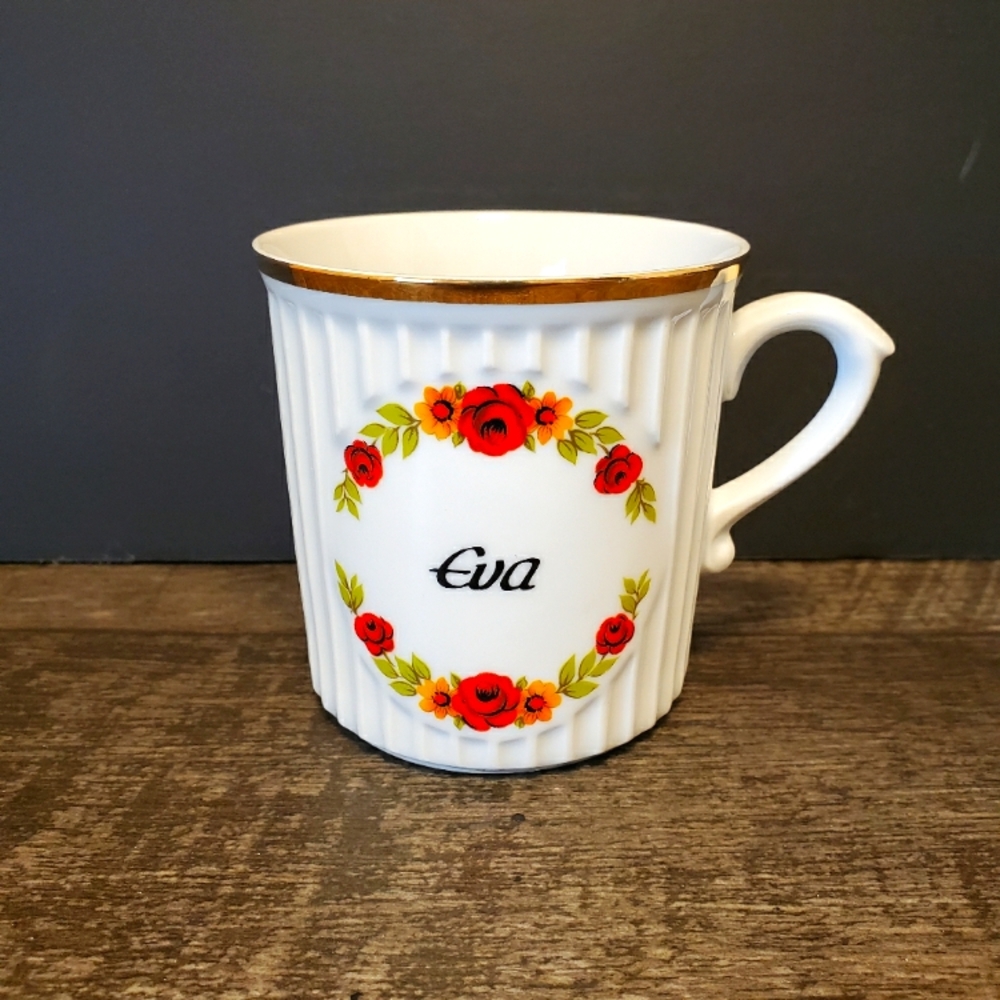 Vintage Czechoslovakia EVA Named Floral White Mug. Gold Rim. Vertical Texture